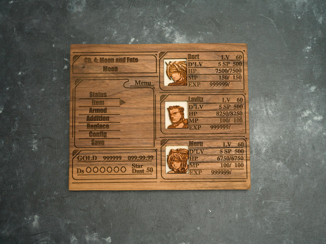 Custom Wooden Legend of Dragoon menu screen with characters you can pick