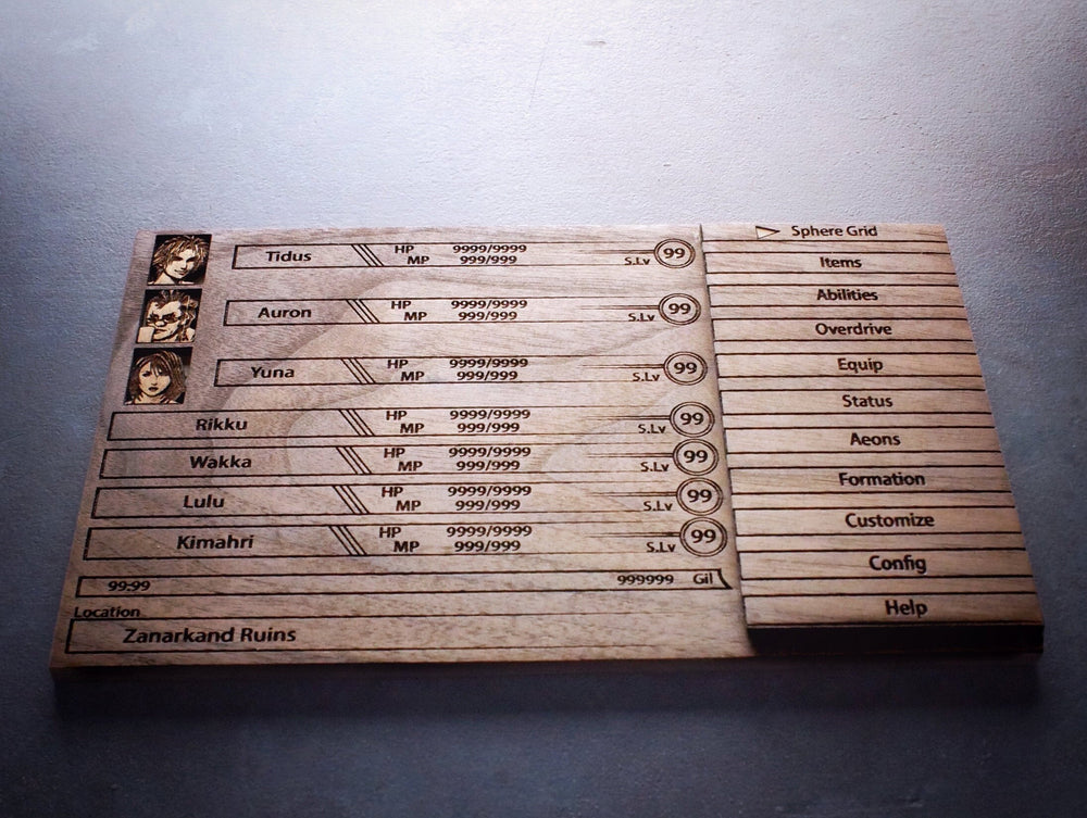 Custom Wooden Final Fantasy X menu screen with characters you can pick